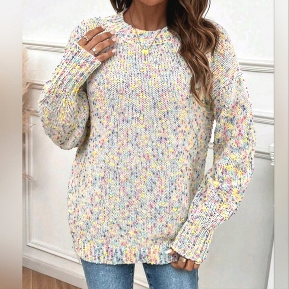 New Boho Confetti Rainbow Knit Sweater Top Pullover White Pink Blue Yellow - Picture 3 of 8